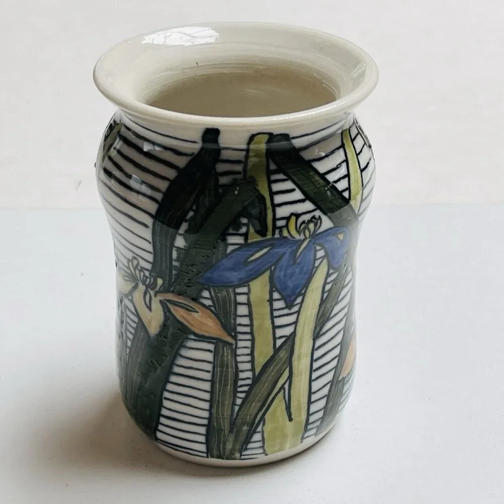 Studio Art Pottery Vase Signed Floral Blue Iris Home Decor